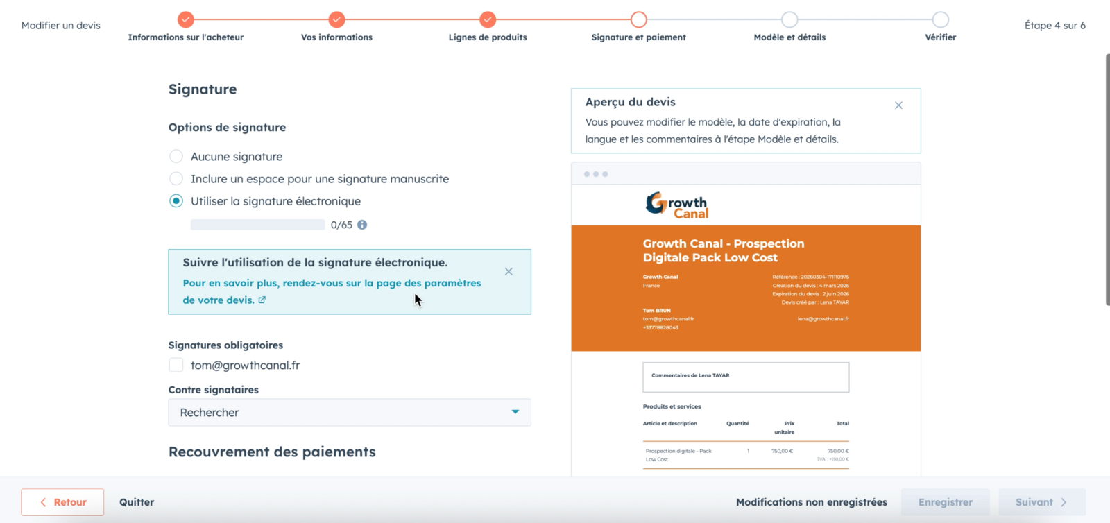 Signature électronique d’un devis dans HubSpot